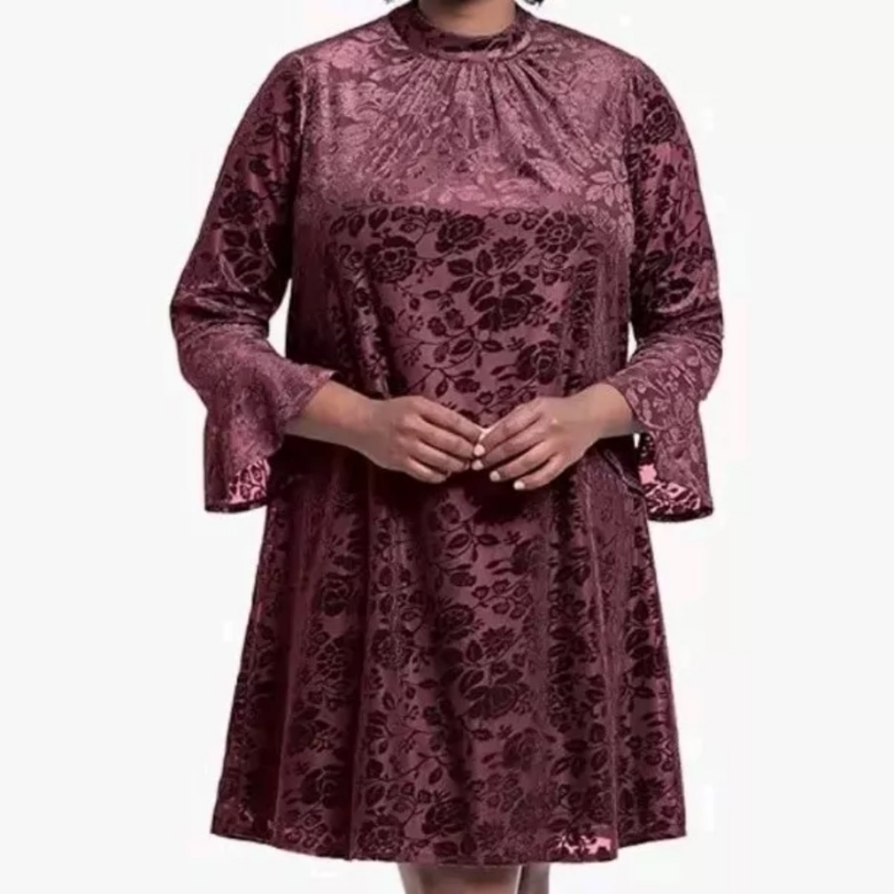 London Times Velvet Burnout Dress Woman XL 16W Bell Sleeves Mock Neck Wine Nwt